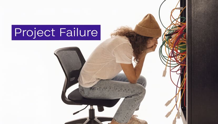 A person in a beanie sits stressed in a chair facing a tangled mess of server cables.