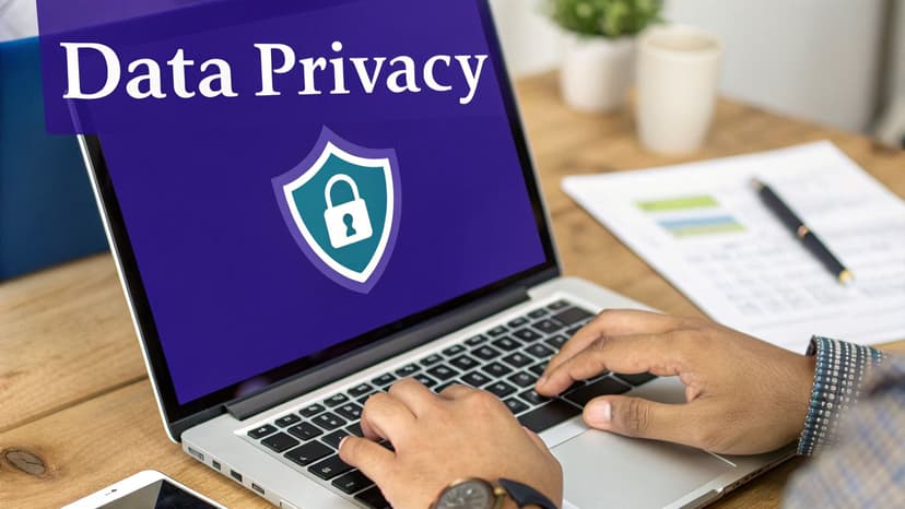 A person typing on a laptop displaying 'Data Privacy' text and a shield with a padlock icon.