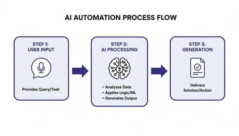 Diagram showing a three-step AI automation process flow: user input, AI processing, and solution generation.