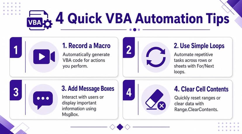 A professional infographic titled 4 Quick VBA Automation Tips illustrating how to automate tasks in Excel.
