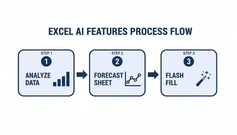 Excel AI features process flow showing analyze data, forecast sheet, and flash fill steps.