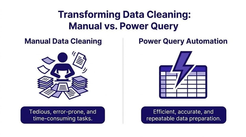A comparison illustration showing manual data cleaning as tedious versus automated Power Query for efficient preparation.