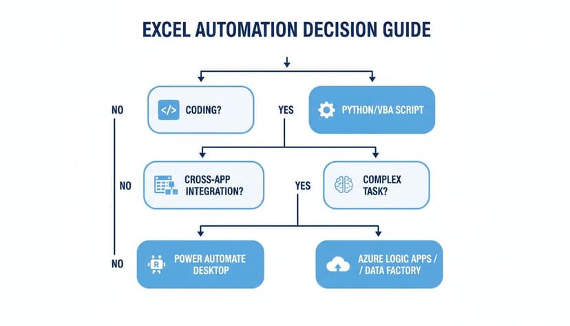 Flowchart decision guide for Excel automation, recommending tools based on coding, integration, and task complexity.