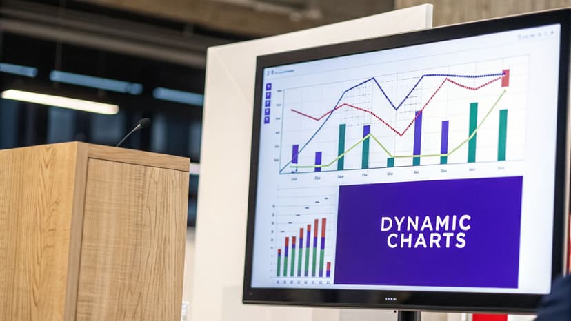 A large screen displaying dynamic charts and data visualizations sits beside a wooden podium with a microphone, ready for a speaker.