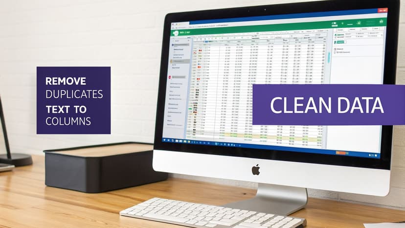 A desktop computer displays an Excel spreadsheet with text overlays about removing duplicates and cleaning data.