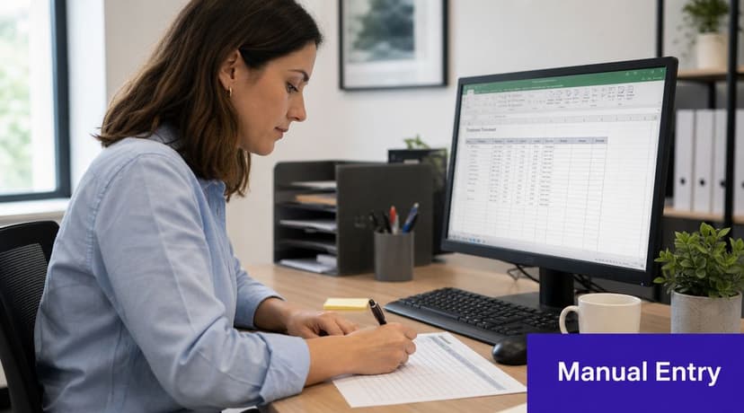 A woman working at a desk, writing on a paper form while looking at an office computer monitor.