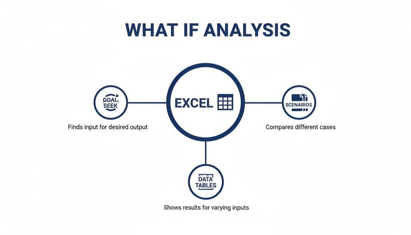 Diagram illustrating Excel's What If Analysis tools: Goal Seek, Scenarios, and Data Tables, with their definitions.