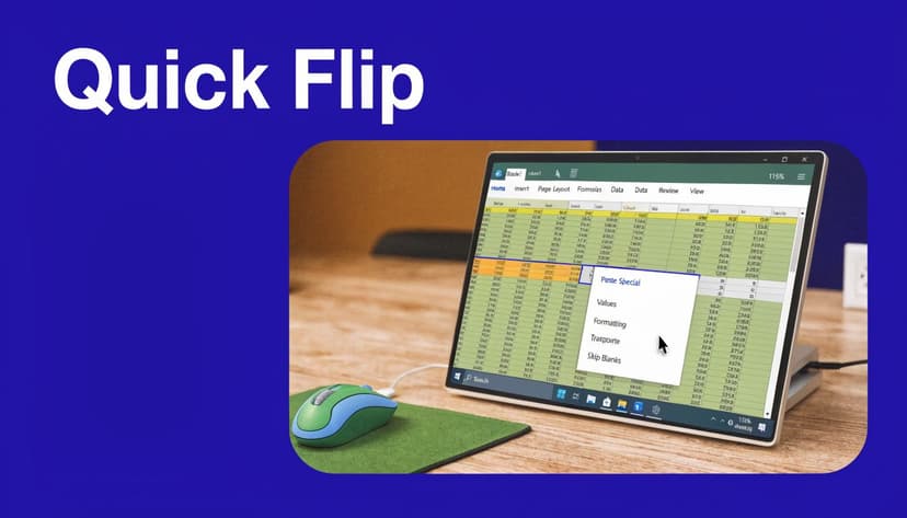 A digital tablet displaying an Excel spreadsheet with a Paste Special menu for transposing data on a desk.