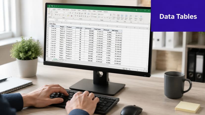A person working at a computer screen displaying a sales data table in an Excel spreadsheet.