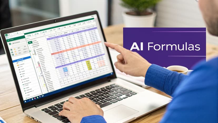 A person pointing at a laptop screen displaying an Excel-like spreadsheet with 'AI Formulas' overlay.