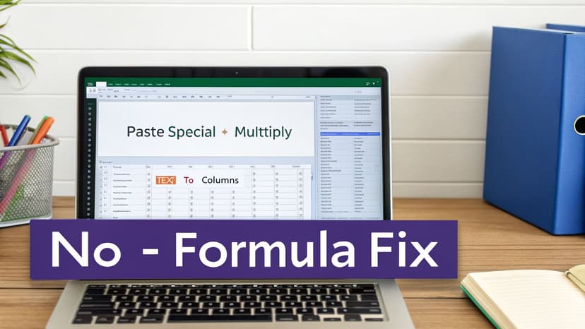 A laptop screen displays an Excel spreadsheet with 'Paste Special Multiply' and 'TEXT To Columns' for a no-formula fix.