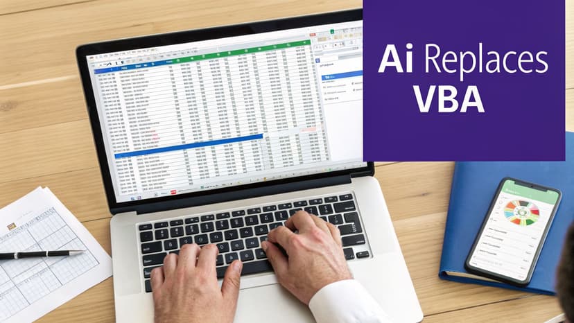 A person typing on a laptop displaying an Excel spreadsheet, with a phone and a 'Ai Replaces VBA' overlay.