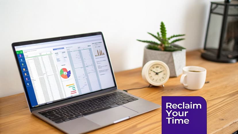 A laptop on a wooden desk displays a spreadsheet with charts, alongside a clock and coffee mug, promoting time management.