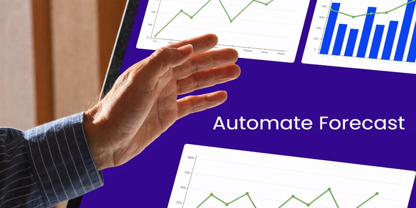 A close-up of a person's hand pointing at digital sales forecast charts on a screen.