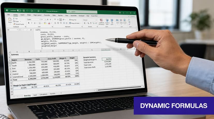 A professional man pointing with a pen at a laptop screen displaying Excel spreadsheet financial data models.