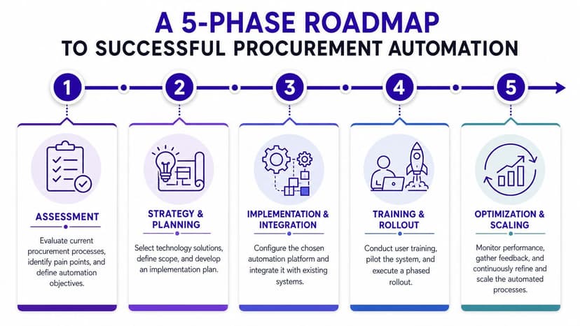 A 5-phase roadmap infographic illustrating the strategic steps for successfully implementing procurement automation in a business.