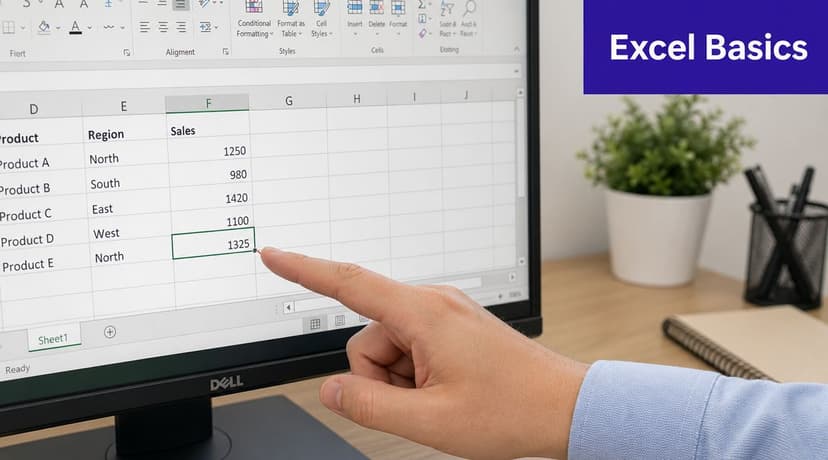 A person pointing at the fill handle tool on an Excel spreadsheet displayed on a computer screen.