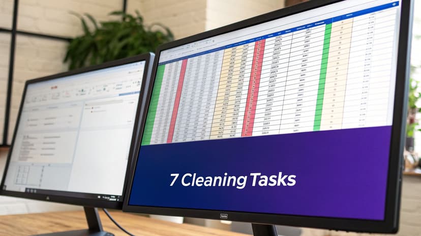 Dual computer monitors on a wooden desk displaying spreadsheets with colored data rows.