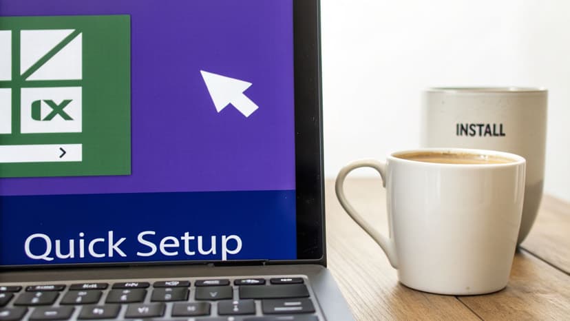 A laptop screen displaying a quick setup interface with a cursor, next to two coffee mugs.