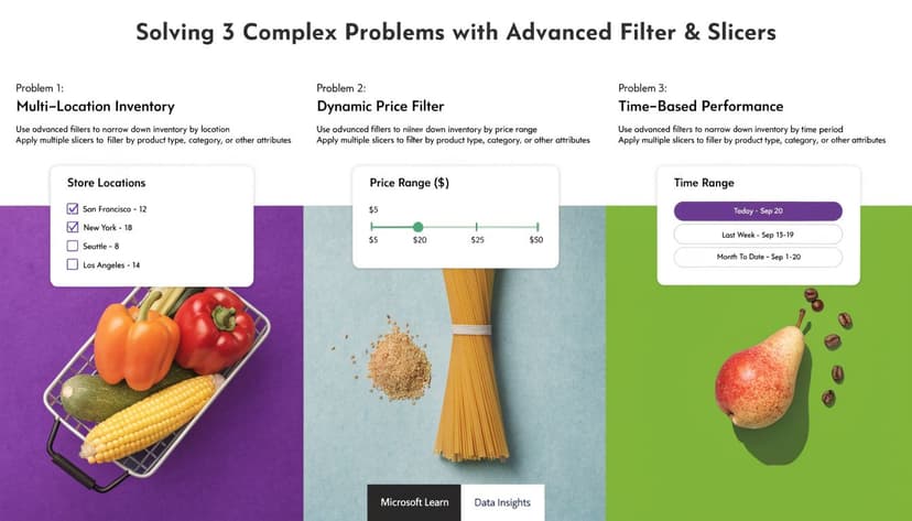 An educational infographic illustrating how to solve three data analysis problems using filters and slicers.
