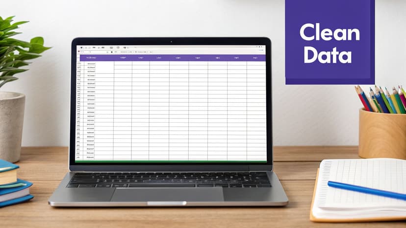 A laptop on a wooden desk displays a spreadsheet with data, next to office supplies and a 'Clean Data' graphic.