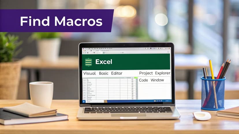 A workspace with a laptop displaying Excel's Visual Basic Editor for finding macros, a coffee cup, and books.