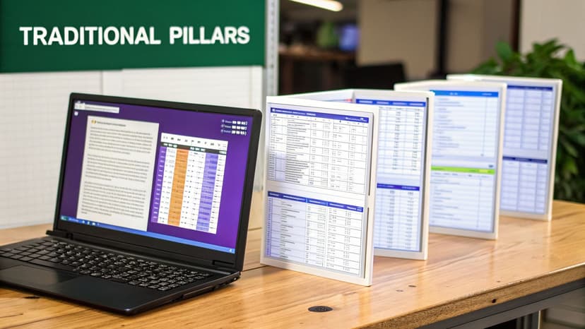 A laptop and multiple vertical monitors displaying spreadsheets on a wooden office desk.