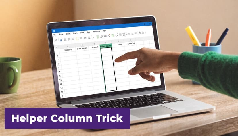 A person pointing at a helper column on a spreadsheet displayed on a laptop screen.