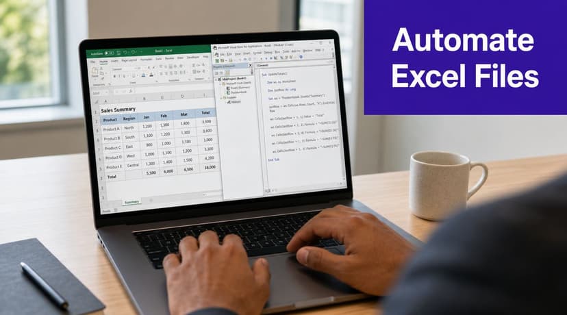 A person working on a laptop displaying Excel and VBA code for spreadsheet automation tasks.