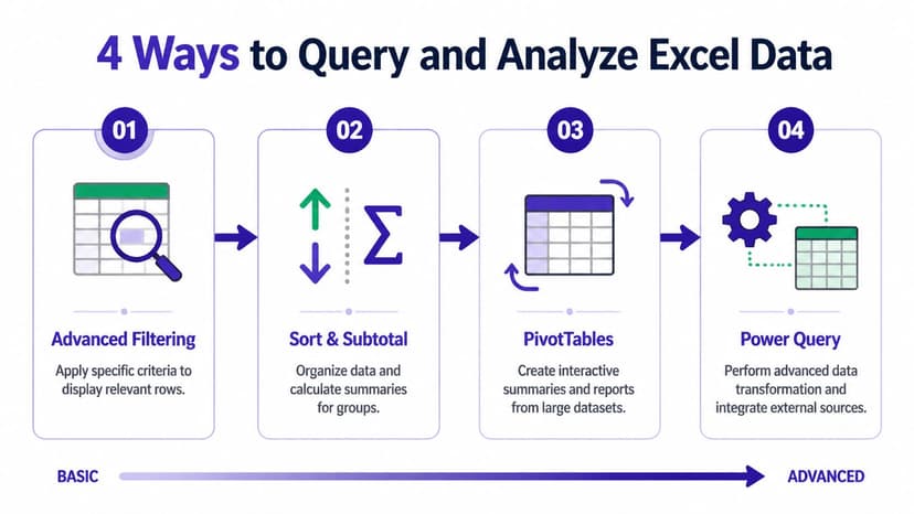 An infographic showing four steps to query and analyze Excel data from basic to advanced levels.