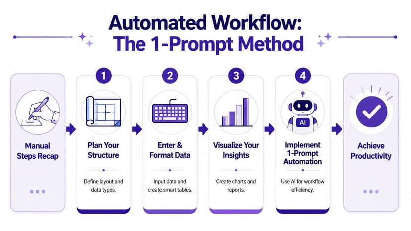 A four-step infographic illustrating the automated workflow for the 1-prompt method for data productivity and efficiency.