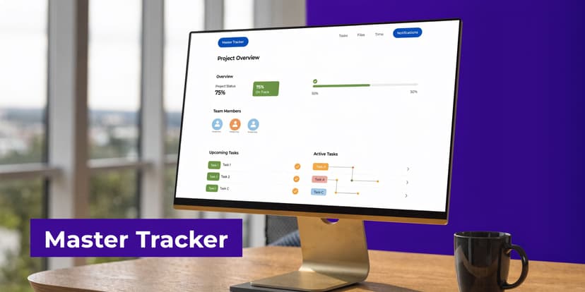 A modern computer screen displaying a project management dashboard titled Master Tracker for tracking multiple tasks.
