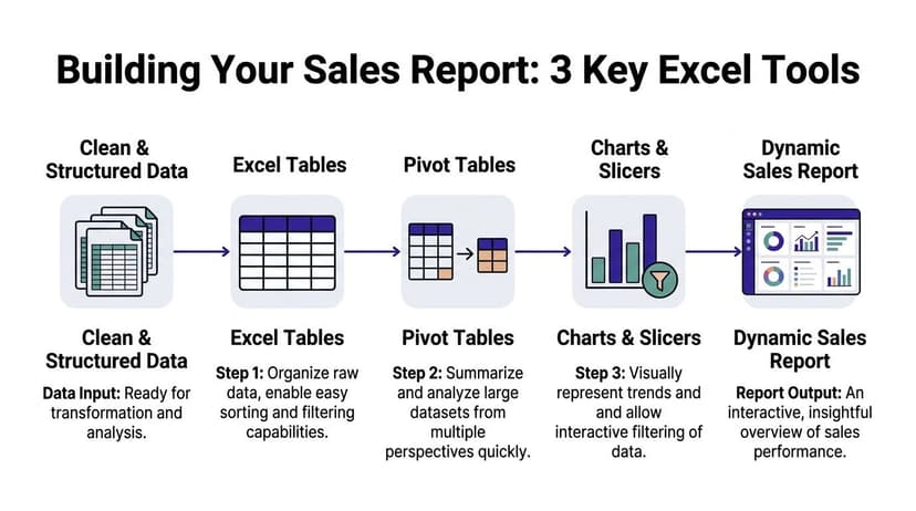 A flowchart showing the three key Excel tools for building an interactive and dynamic sales report.