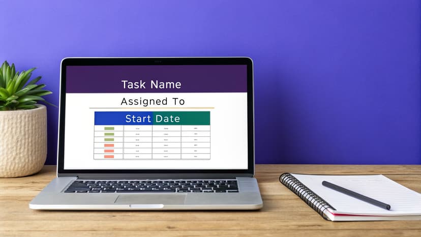 A laptop on a wooden desk displays a project tracking dashboard with tasks and dates.