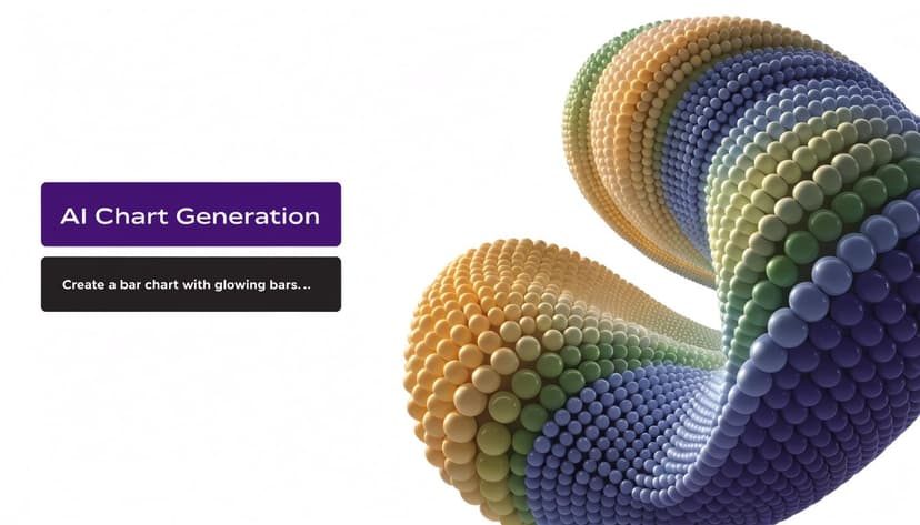 A digital graphic showing abstract 3D spheres arranged in a curved, colorful pattern with AI chart generation text.
