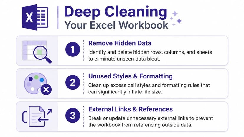 An infographic titled Deep Cleaning Your Excel Workbook, illustrating three steps to reduce file size.