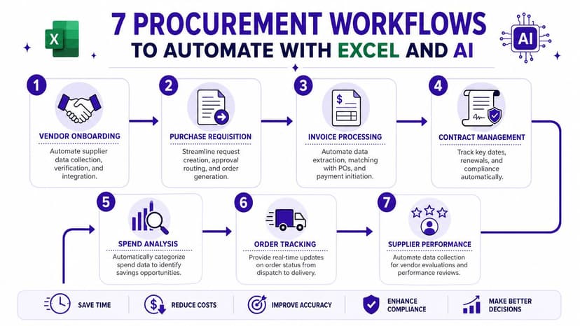 A flowchart infographic detailing seven procurement workflows that can be automated using Excel and AI technology.