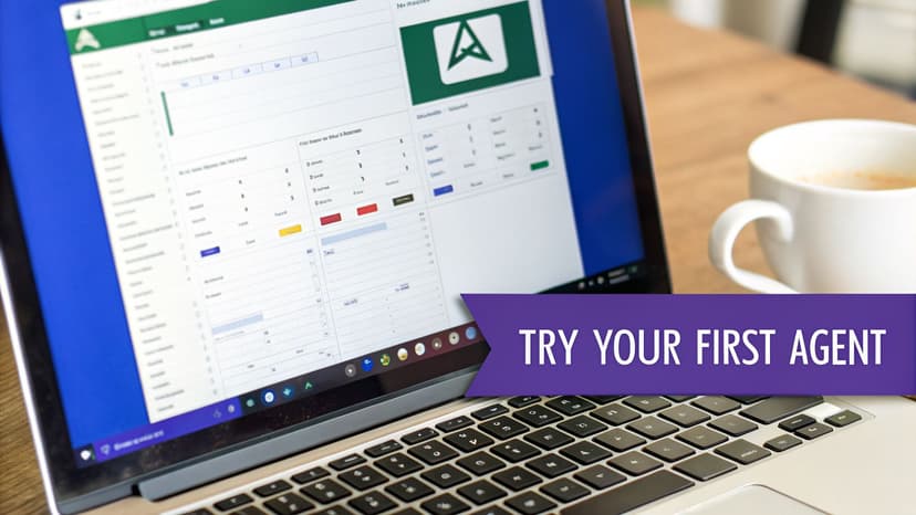 A laptop shows a data analysis interface with a green 'A' logo, a coffee cup, and 'Try Your First Agent' banner.