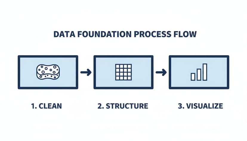 A data foundation process flow shows three steps: clean data, structure data, and visualize data.