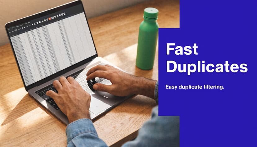 A person working on a laptop displaying an Excel spreadsheet with text about fast duplicate filtering.