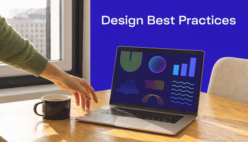 A person reaches toward a laptop on a wooden table displaying various colorful graphic design elements.