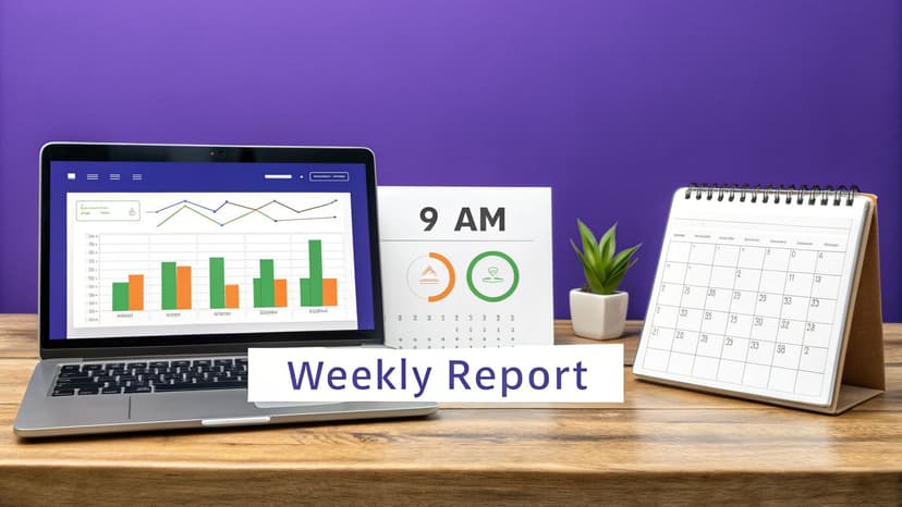 A laptop displaying a report with charts, a calendar, and a 'Weekly Report' sign on a desk.