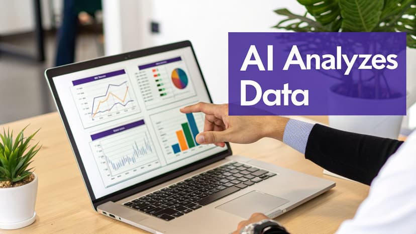 Person's hand pointing at a laptop screen displaying various data analysis charts and graphs.