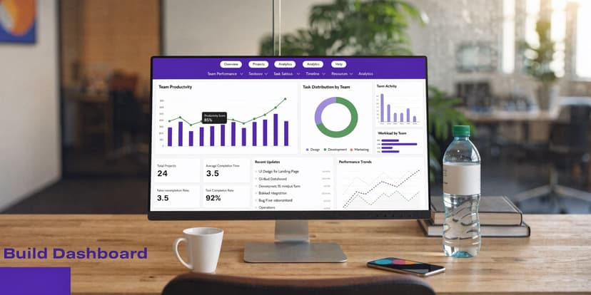 A computer monitor on a wooden desk displaying a colorful team productivity and performance dashboard interface.