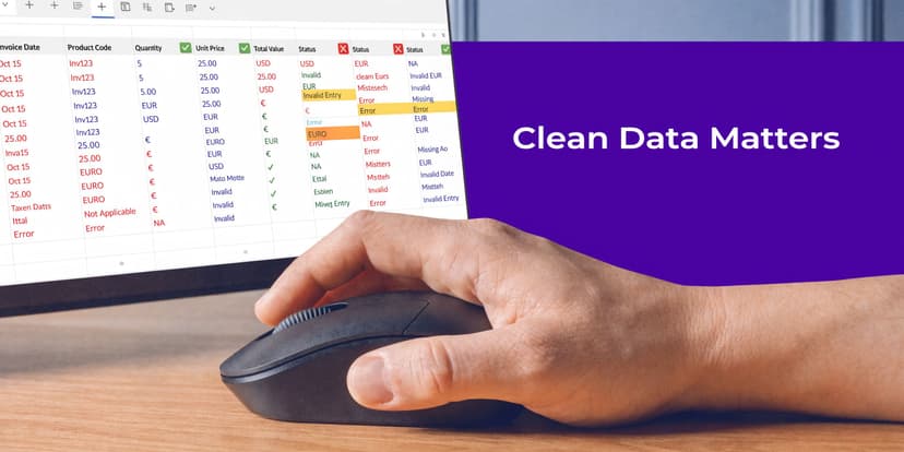 A close-up view of a person using a computer mouse to edit messy spreadsheet data.
