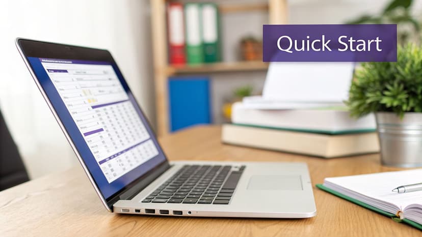 A laptop on a wooden desk shows a spreadsheet with data and 'Quick Start' text.