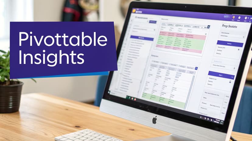 A desktop computer displaying 'Pivottable Insights' software on a wooden desk with a plant, showing data analysis.