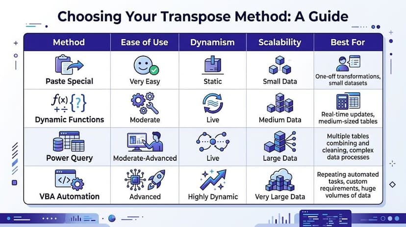 A comparison chart outlining four Excel methods for transposing data, including Paste Special, Dynamic Functions, Power Query, and VBA.