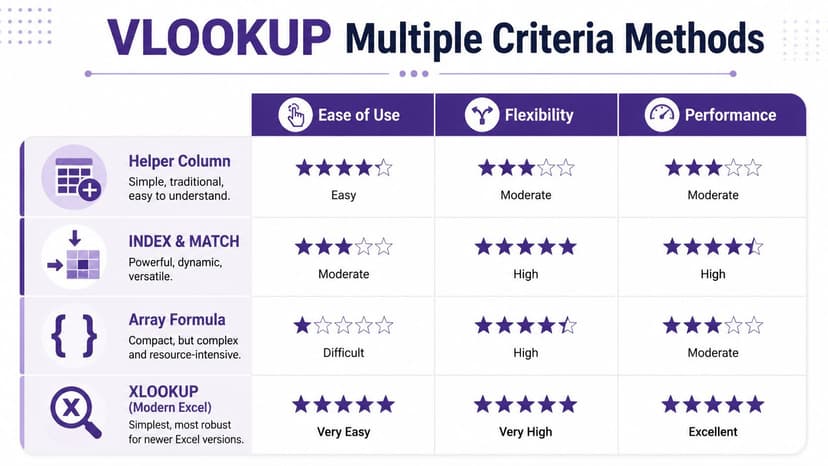 A comparison chart of four Excel methods for VLOOKUP with multiple criteria including ratings for ease, flexibility, and performance.