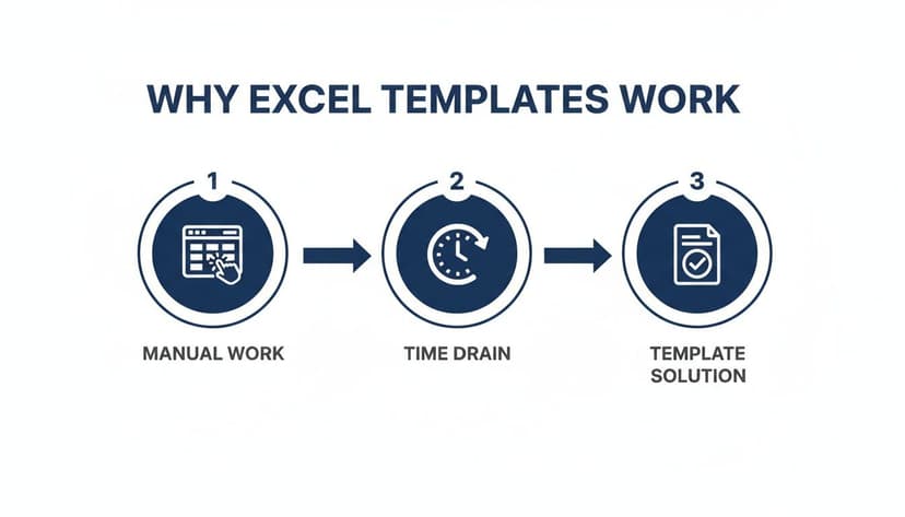 A three-step process showing why Excel templates work: from manual work and time drain to a template solution.